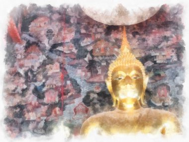 Wat Suthat 'da antik mimari ve antik sanat manzarası Bangkok' ta suluboya resim çizimi.