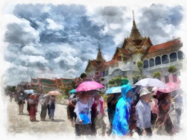 Büyük Saray 'daki antik mimari ve antik sanatın manzarası, Wat Phra Kaew Bangkok suluboya resim çizimi.