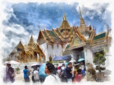 Büyük Saray 'daki antik mimari ve antik sanatın manzarası, Wat Phra Kaew Bangkok suluboya resim çizimi.