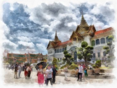 Büyük Saray 'daki antik mimari ve antik sanatın manzarası, Wat Phra Kaew Bangkok suluboya resim çizimi.