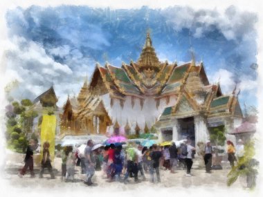 Büyük Saray 'daki antik mimari ve antik sanatın manzarası, Wat Phra Kaew Bangkok suluboya resim çizimi.