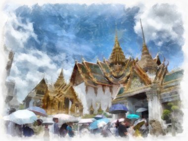 Büyük Saray 'daki antik mimari ve antik sanatın manzarası, Wat Phra Kaew Bangkok suluboya resim çizimi.