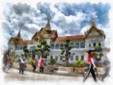 Büyük Saray 'daki antik mimari ve antik sanatın manzarası, Wat Phra Kaew Bangkok suluboya resim çizimi.