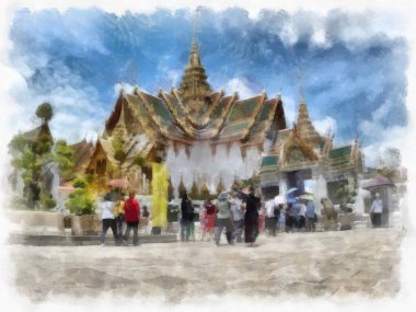 Büyük Saray 'daki antik mimari ve antik sanatın manzarası, Wat Phra Kaew Bangkok suluboya resim çizimi.