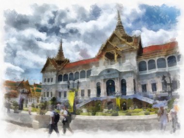 Büyük Saray 'daki antik mimari ve antik sanatın manzarası, Wat Phra Kaew Bangkok suluboya resim çizimi.