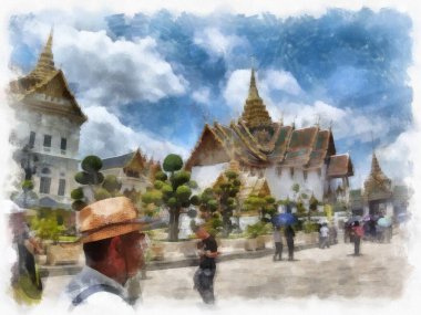Büyük Saray 'daki antik mimari ve antik sanatın manzarası, Wat Phra Kaew Bangkok suluboya resim çizimi.