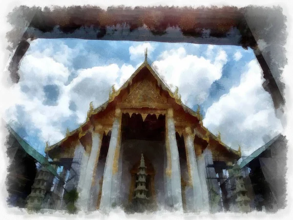 Paesaggio Architettura Antica Arte Antica Wat Suthat Bangkok Acquerello Stile — Foto Stock