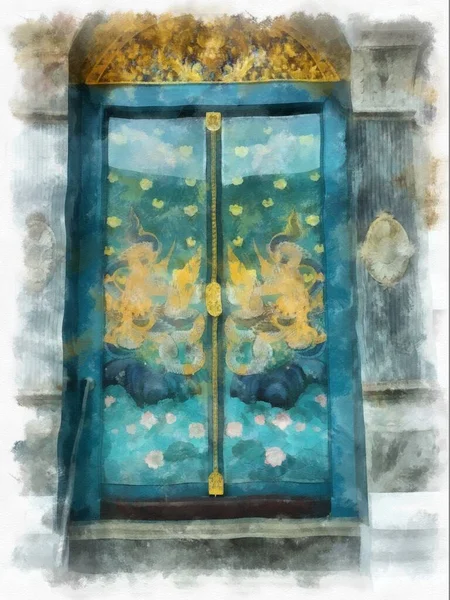 Wat Suthat 'da antik mimari ve antik sanat manzarası Bangkok' ta suluboya resim çizimi.