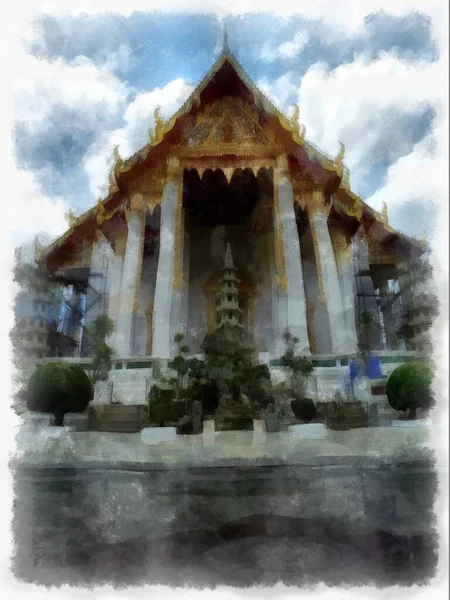 Landscape Ancient Architecture Ancient Art Wat Suthat Bangkok Watercolor Style — Stock Fotó