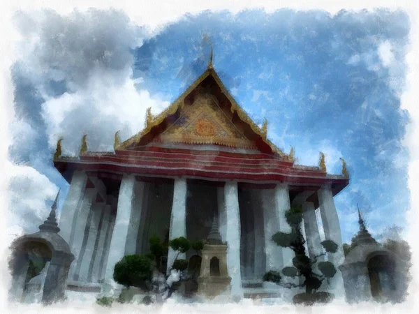 Landscape Ancient Architecture Ancient Art Wat Suthat Bangkok Watercolor Style — Fotografia de Stock