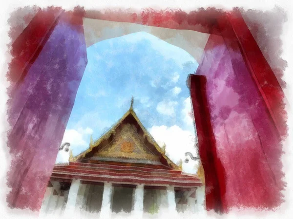 Landschap Van Oude Architectuur Oude Kunst Wat Suthat Bangkok Aquarel — Stockfoto