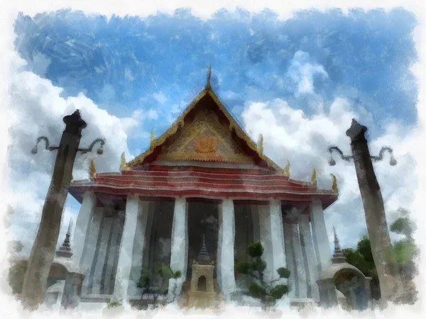 Landscape Ancient Architecture Ancient Art Wat Suthat Bangkok Watercolor Style —  Fotos de Stock