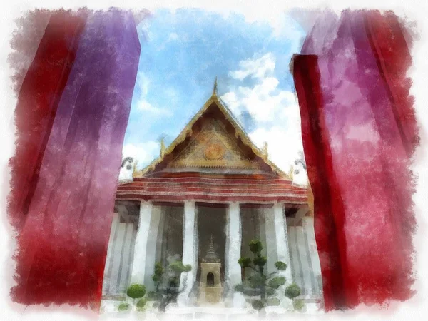 Wat Suthat 'da antik mimari ve antik sanat manzarası Bangkok' ta suluboya resim çizimi.