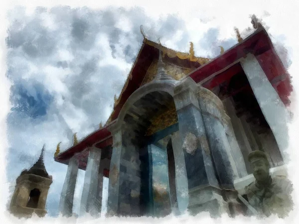 Landscape Ancient Architecture Ancient Art Wat Suthat Bangkok Watercolor Style — Fotografia de Stock