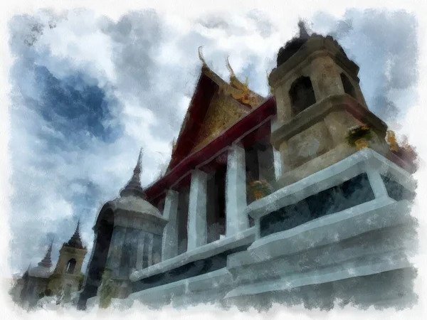 Wat Suthat 'da antik mimari ve antik sanat manzarası Bangkok' ta suluboya resim çizimi.