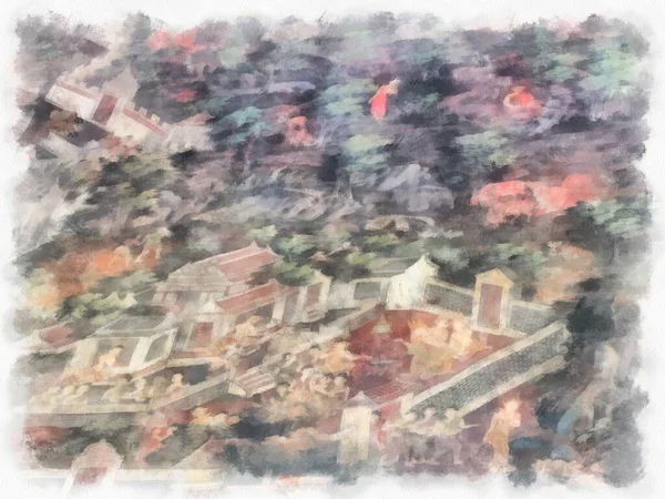 Wat Suthat 'da antik mimari ve antik sanat manzarası Bangkok' ta suluboya resim çizimi.