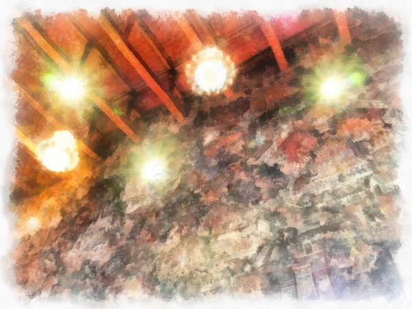 Wat Suthat 'da antik mimari ve antik sanat manzarası Bangkok' ta suluboya resim çizimi.