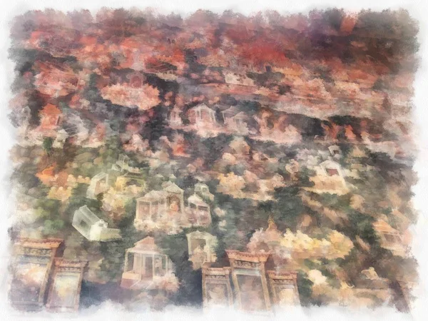 Wat Suthat 'da antik mimari ve antik sanat manzarası Bangkok' ta suluboya resim çizimi.