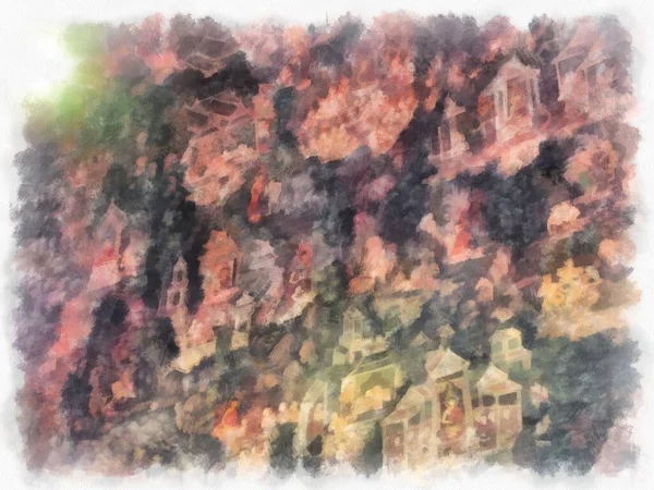 Wat Suthat 'da antik mimari ve antik sanat manzarası Bangkok' ta suluboya resim çizimi.