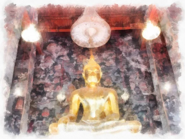 Wat Suthat 'da antik mimari ve antik sanat manzarası Bangkok' ta suluboya resim çizimi.