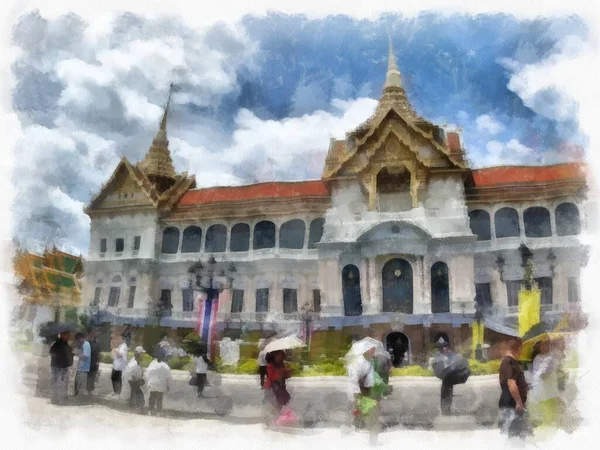 大殿古建筑与古代艺术的景观 万福古城曼谷水彩画 印象派绘画 — 图库照片
