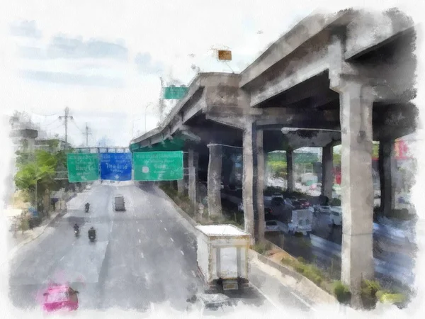 Bangkok 'taki süper yüksek sokak manzarası suluboya resim ressamı Whey.