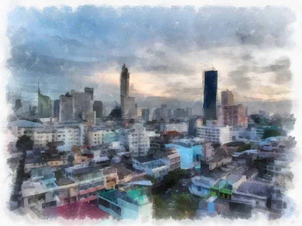 Bangkok Miasto Krajobraz Tajlandii Akwarela Styl Ilustracja Impresjonista Malarstwo — Zdjęcie stockowe