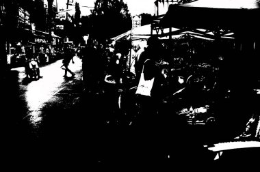 Tayland 'ın siyah-beyaz illüstrasyonundaki şehir merkezinin ticaret bölgelerinin ve pazarlarının manzarası.