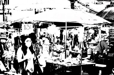 Tayland 'ın siyah-beyaz illüstrasyonundaki şehir merkezinin ticaret bölgelerinin ve pazarlarının manzarası.