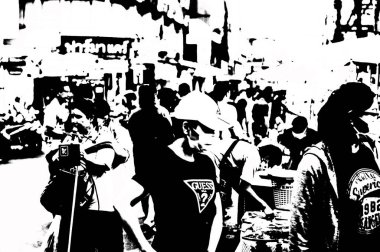 Tayland 'ın siyah-beyaz illüstrasyonundaki şehir merkezinin ticaret bölgelerinin ve pazarlarının manzarası.