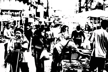 Tayland 'ın siyah-beyaz illüstrasyonundaki şehir merkezinin ticaret bölgelerinin ve pazarlarının manzarası.