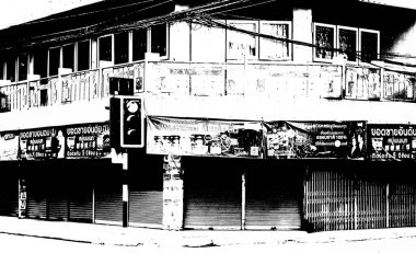 Tayland 'ın siyah-beyaz illüstrasyonundaki şehir merkezinin ticaret bölgelerinin ve pazarlarının manzarası.