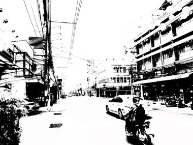 Tayland 'ın siyah-beyaz illüstrasyonundaki şehir merkezinin ticaret bölgelerinin ve pazarlarının manzarası.