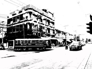 Tayland 'ın siyah-beyaz illüstrasyonundaki şehir merkezinin ticaret bölgelerinin ve pazarlarının manzarası.