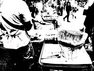 Tayland 'ın siyah-beyaz illüstrasyonundaki şehir merkezinin ticaret bölgelerinin ve pazarlarının manzarası.