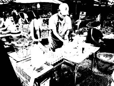 Tayland 'ın siyah-beyaz illüstrasyonundaki şehir merkezinin ticaret bölgelerinin ve pazarlarının manzarası.