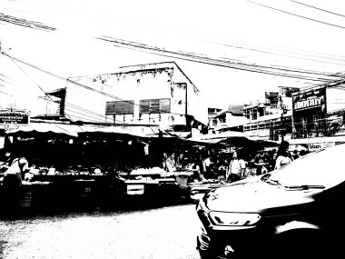 Tayland 'ın siyah-beyaz illüstrasyonundaki şehir merkezinin ticaret bölgelerinin ve pazarlarının manzarası.