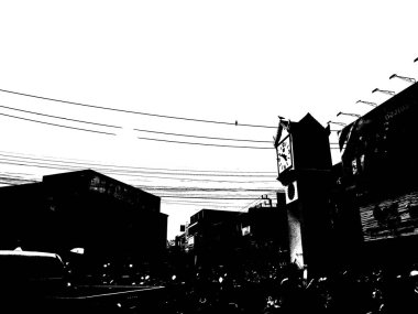 Tayland 'ın siyah-beyaz illüstrasyonundaki şehir merkezinin ticaret bölgelerinin ve pazarlarının manzarası.