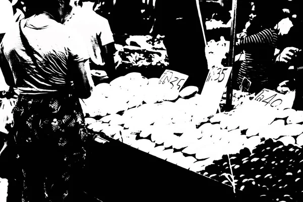 Tayland 'ın siyah-beyaz illüstrasyonundaki şehir merkezinin ticaret bölgelerinin ve pazarlarının manzarası.