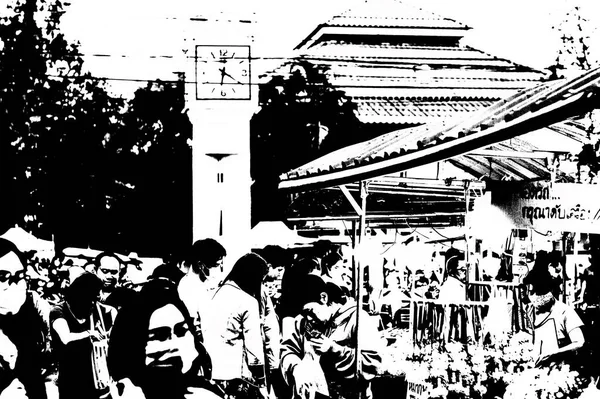 Tayland 'ın siyah-beyaz illüstrasyonundaki şehir merkezinin ticaret bölgelerinin ve pazarlarının manzarası.