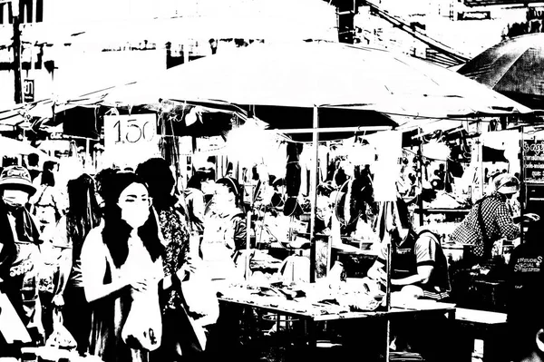 Tayland 'ın siyah-beyaz illüstrasyonundaki şehir merkezinin ticaret bölgelerinin ve pazarlarının manzarası.