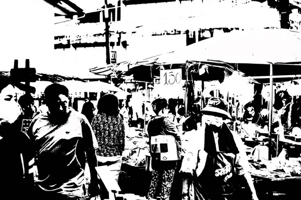 Krajobraz Handlowy Dzielnica Rynek Centrum Miasta Prowincja Tajlandia Czarno Biały — Zdjęcie stockowe