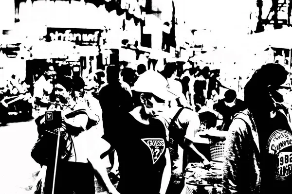 Tayland 'ın siyah-beyaz illüstrasyonundaki şehir merkezinin ticaret bölgelerinin ve pazarlarının manzarası.