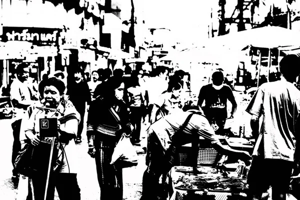 Tayland 'ın siyah-beyaz illüstrasyonundaki şehir merkezinin ticaret bölgelerinin ve pazarlarının manzarası.