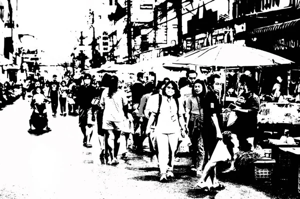 Tayland 'ın siyah-beyaz illüstrasyonundaki şehir merkezinin ticaret bölgelerinin ve pazarlarının manzarası.