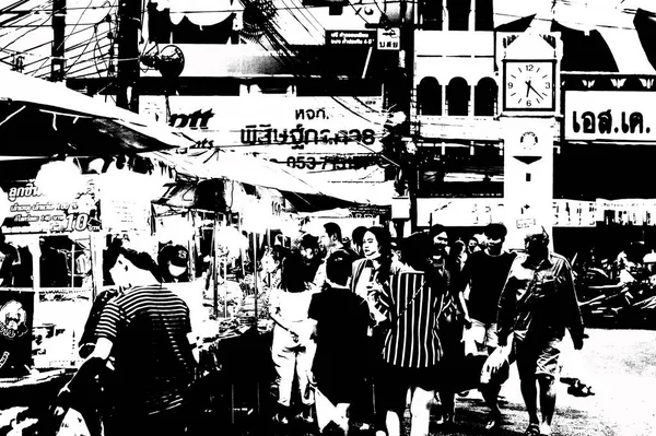 Tayland 'ın siyah-beyaz illüstrasyonundaki şehir merkezinin ticaret bölgelerinin ve pazarlarının manzarası.