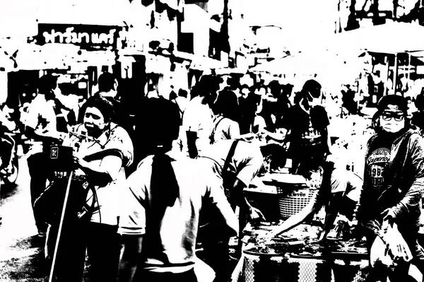 Tayland 'ın siyah-beyaz illüstrasyonundaki şehir merkezinin ticaret bölgelerinin ve pazarlarının manzarası.
