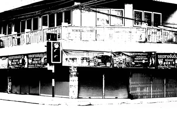 Tayland 'ın siyah-beyaz illüstrasyonundaki şehir merkezinin ticaret bölgelerinin ve pazarlarının manzarası.