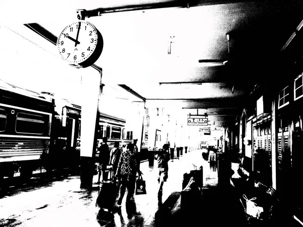 Railway Station Landscape Thailand Black White Illustration — ストック写真