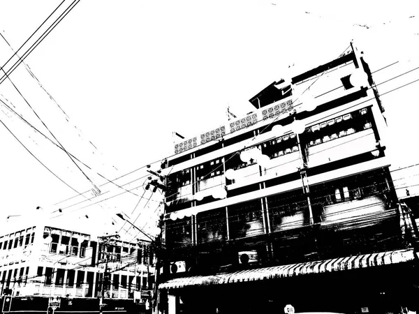 Tayland 'ın siyah-beyaz illüstrasyonundaki şehir merkezinin ticaret bölgelerinin ve pazarlarının manzarası.